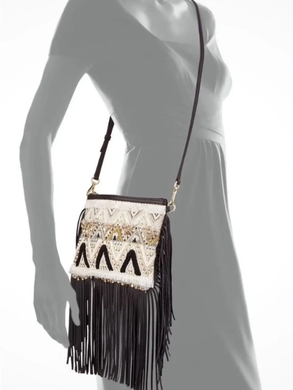 Rebecca Minkoff Boho Embellished Fringe Crossbody Bag in Black and Cream